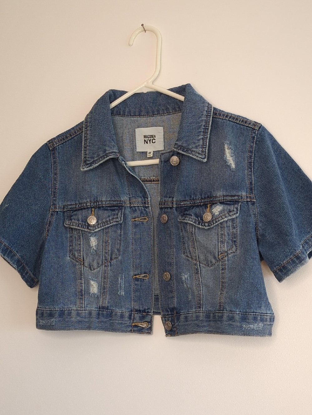 Madden NYC | Cropped Denim Jacket or Top Distressed Short Sleeve | M
